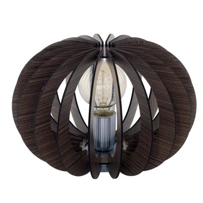 Sehr schön designte Tischlampe aus dunkelbraunem Holz. Sie erzeugt ein harmonisches Licht, welches durch die Holzstruktur besonders gut zur Geltung kommt.