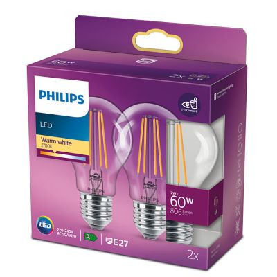 Philips LED Leuchtmittel 2er Set E27 Birnenform 806lm 2700K 7W = 60W